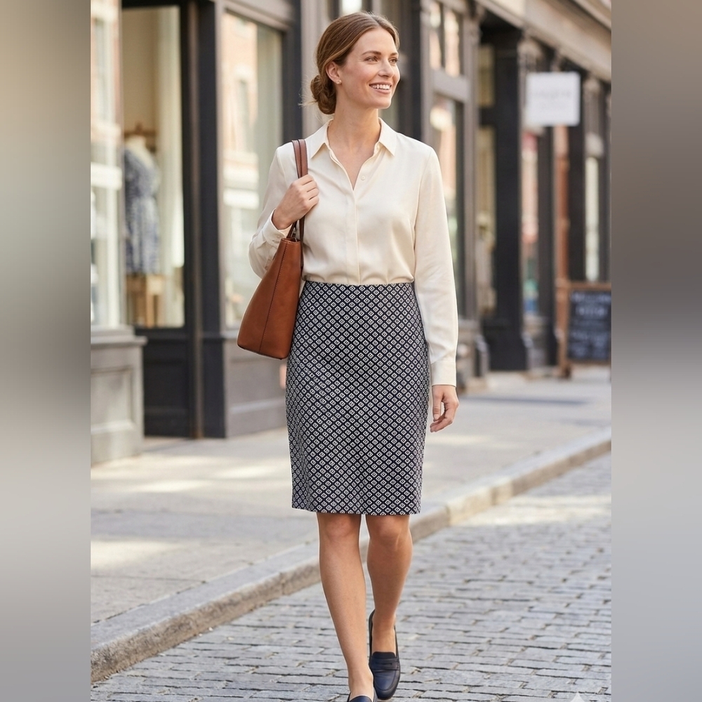 Worthington Petite Geometric Print Pencil Skirt Navy Blue Cream Size 12P